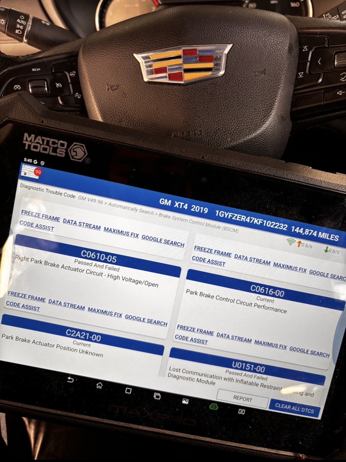 Scan tool showing brake system diagnostic trouble codes on a 2019 Cadillac XT4