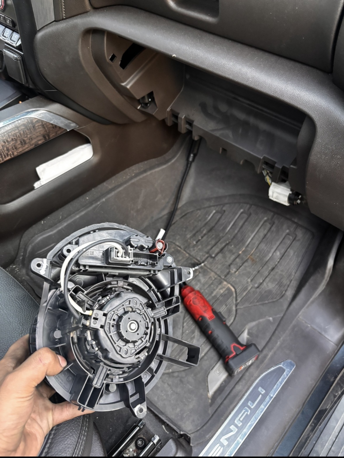 Blower motor assembly pulled from behind the dash on a GMC Denali